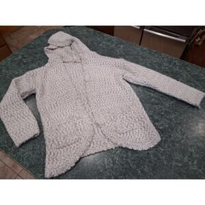 Ivory Gray Popcorn Knit Hooded Cardigan Bixby Sz L Open Front Super Soft Pockets